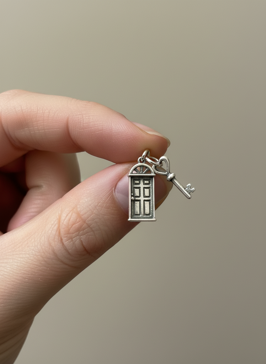 Door & Heart Key Silver Charm