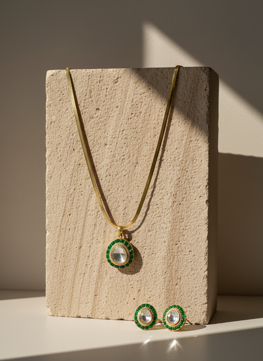 Emerald Halo Necklace Set
