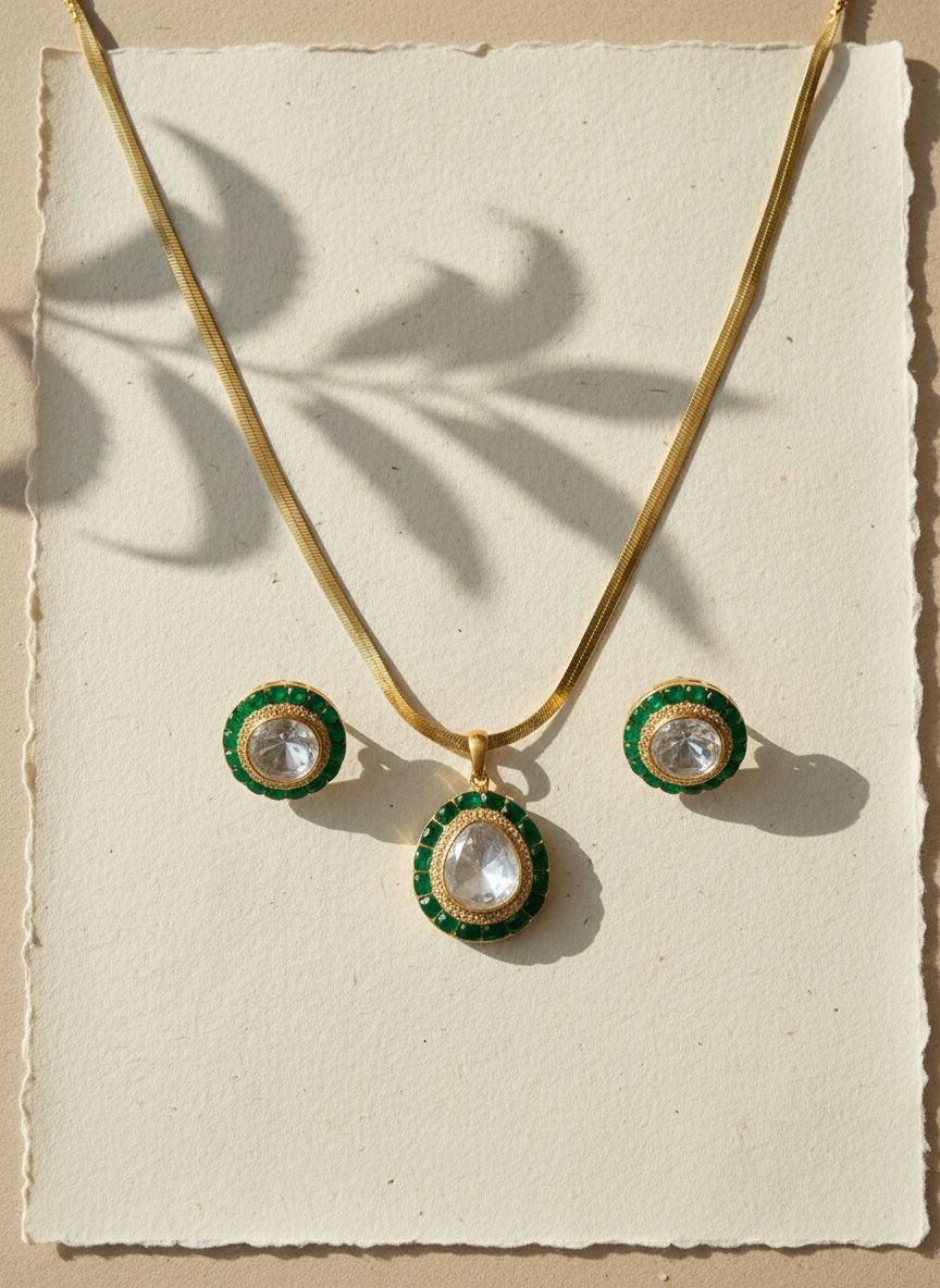Emerald Halo Necklace Set