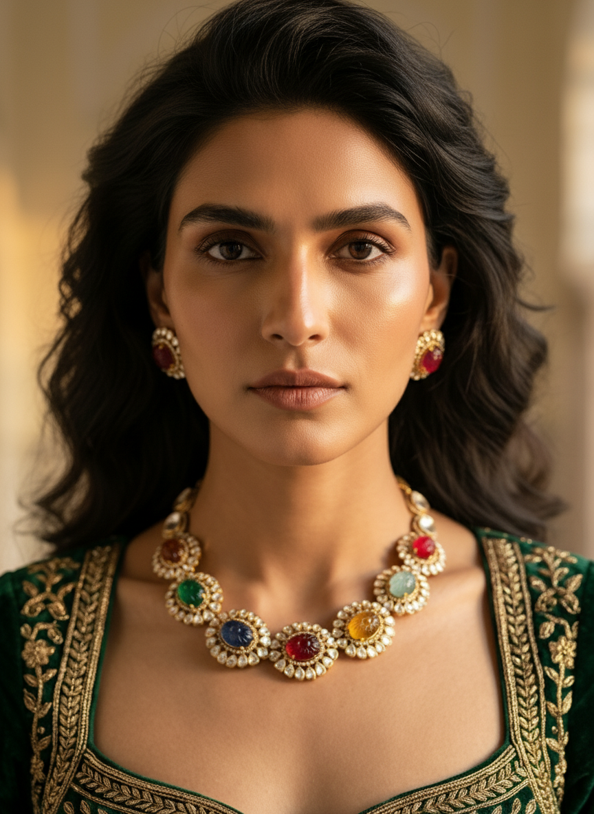 Navratna Lotus Necklace Set