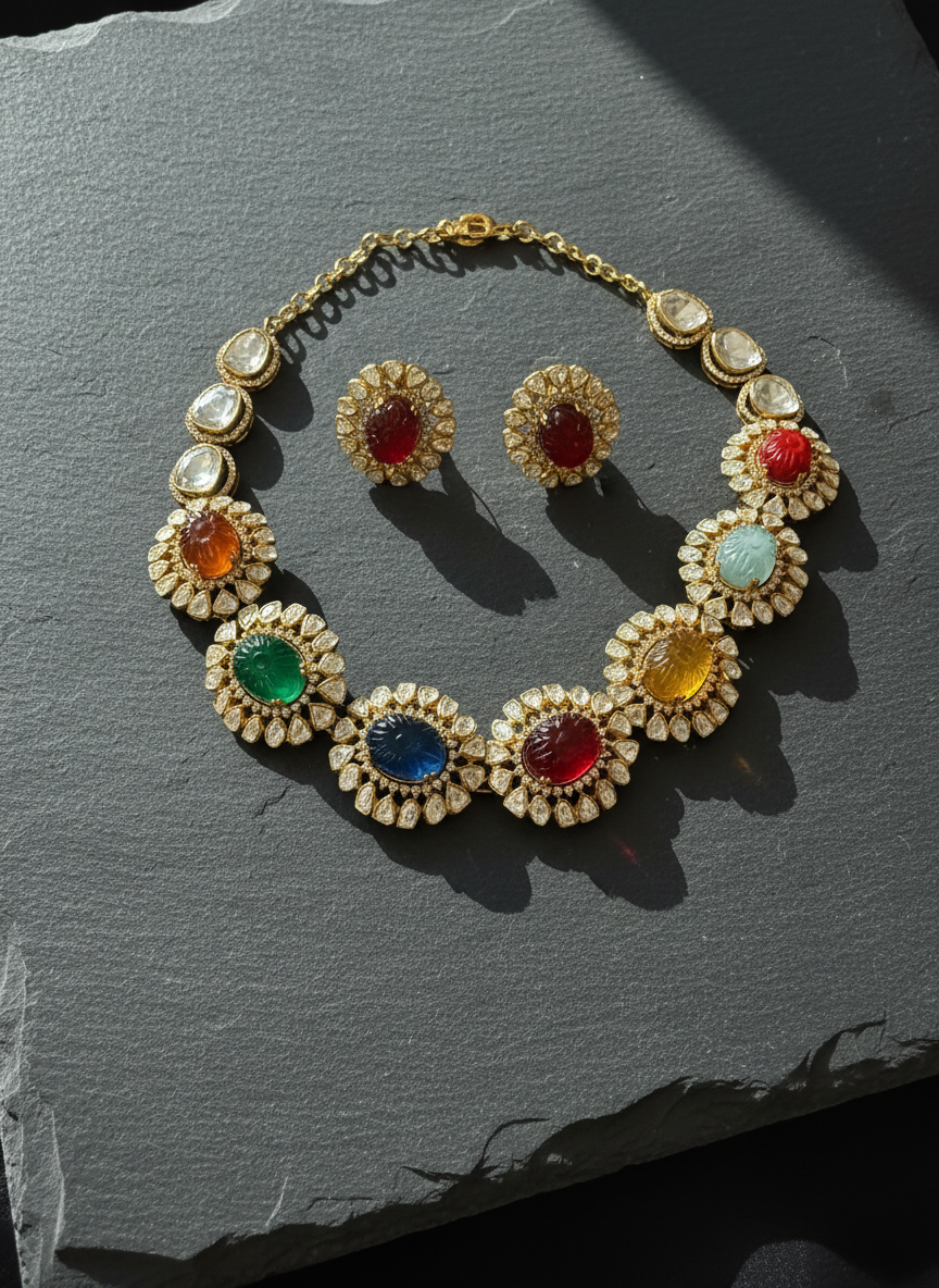 Navratna Lotus Necklace Set