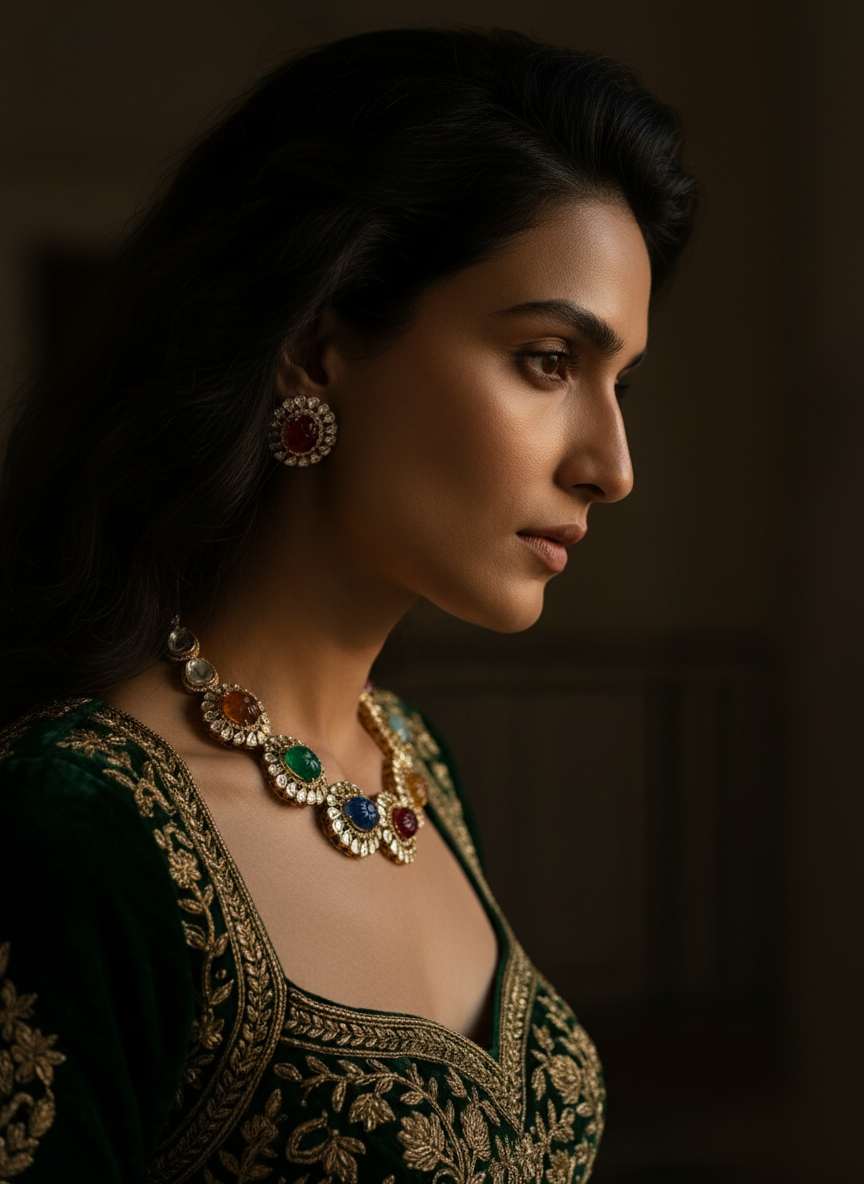 Navratna Lotus Necklace Set