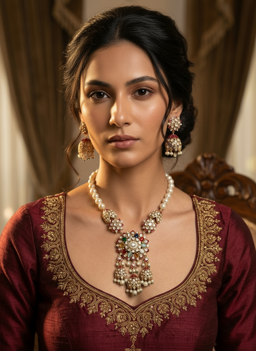 Royal Polki Pearl Necklace Set