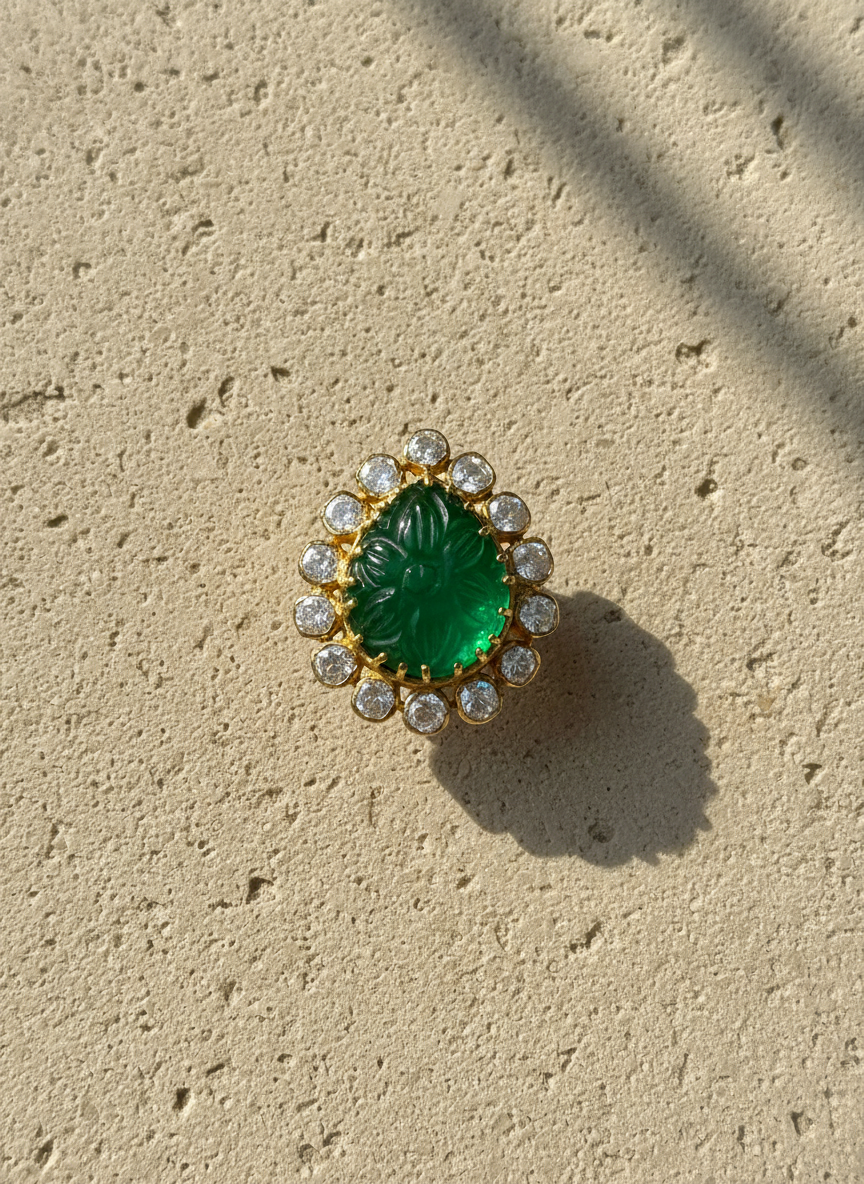 Carved Emerald Halo Ring
