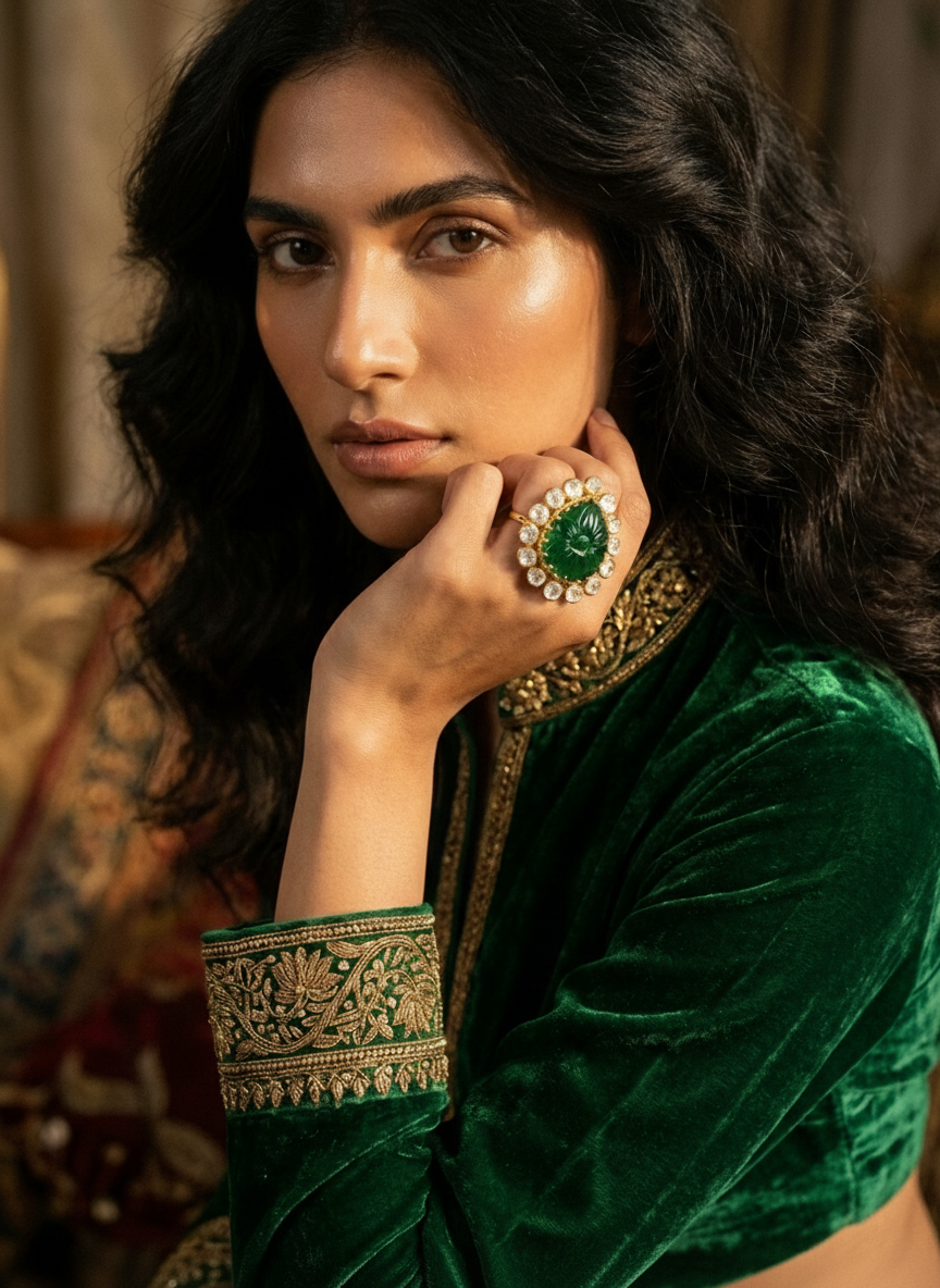 Carved Emerald Halo Ring