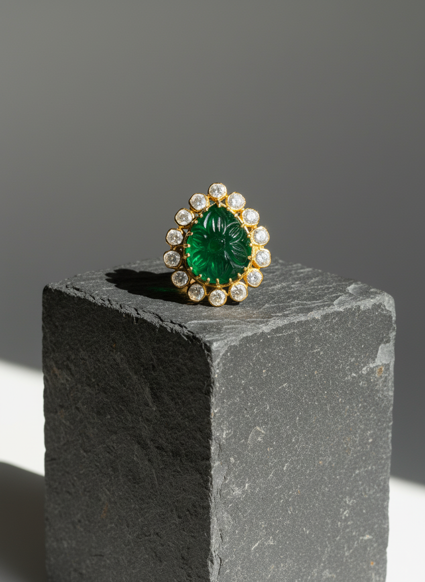 Carved Emerald Halo Ring