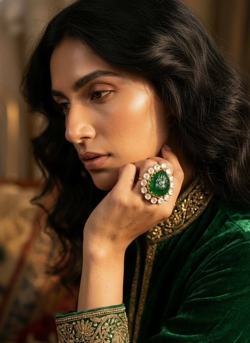 Carved Emerald Halo Ring