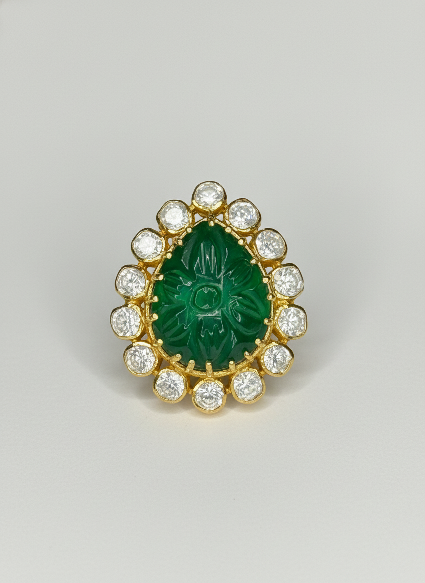 Carved Emerald Halo Ring