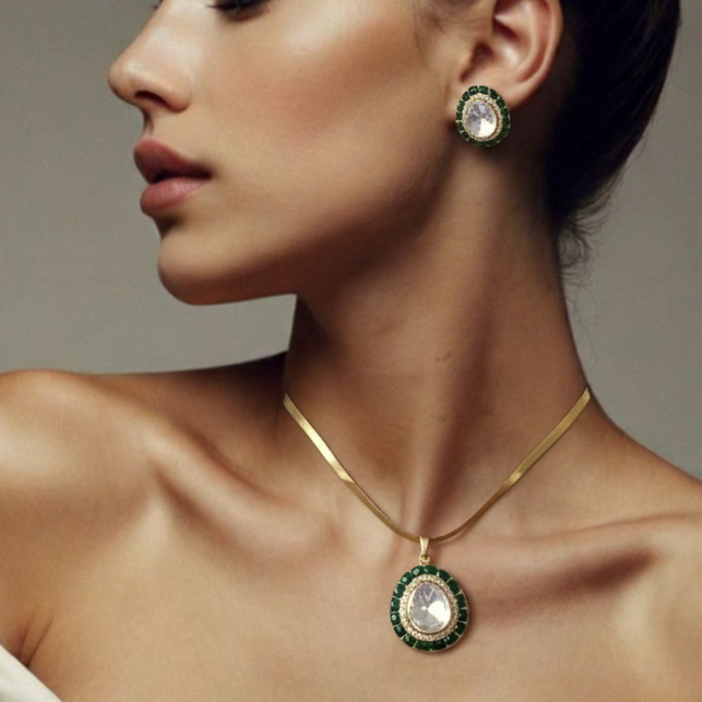 Emerald Halo Necklace Set