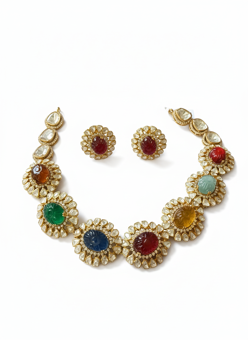 Navratna Lotus Necklace Set